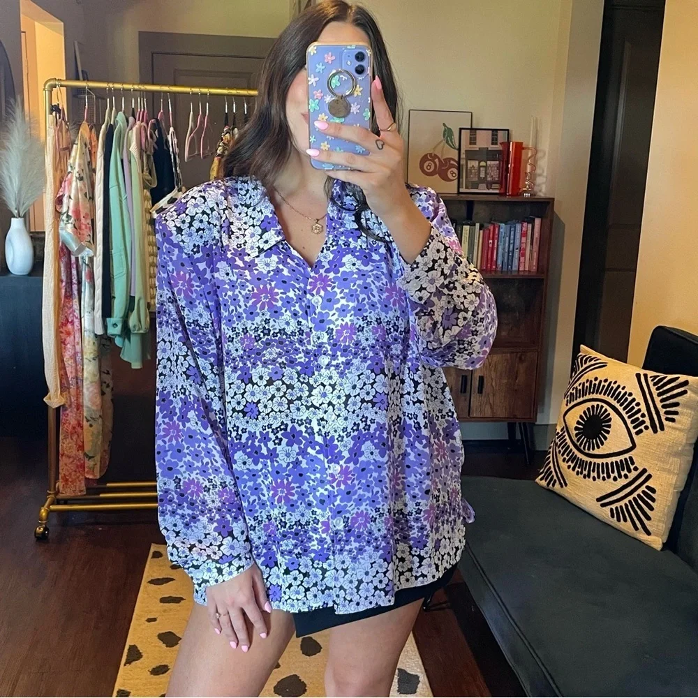 Vintage Purple Floral Long Sleeve Blouse